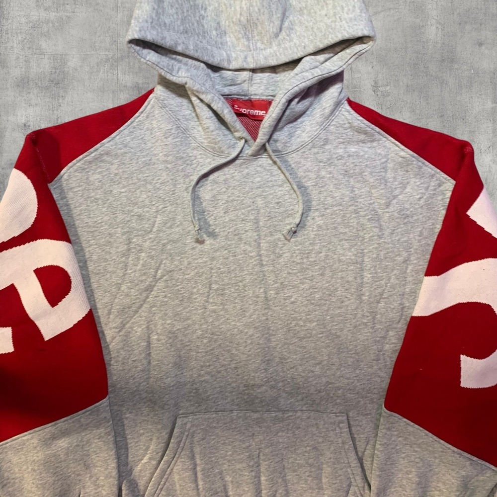 Supreme Big Logo Jacquard Hooded Sweatshirt Mens M Heather Grey Red FW23 NWT - Picture 4 of 7